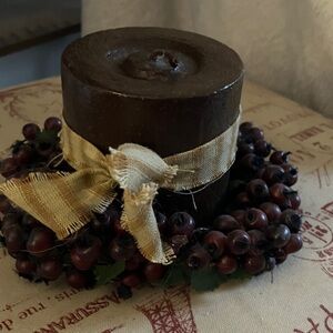 A Rustic 3” Pillar Candle w/ Striped Ribbon w/Cranberry Ring